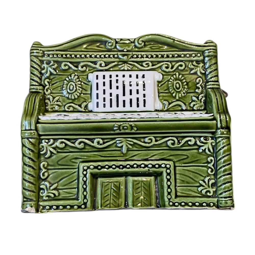 Vintage Green Piano Planter Music Box Ceramic Wood Grain Player Piano